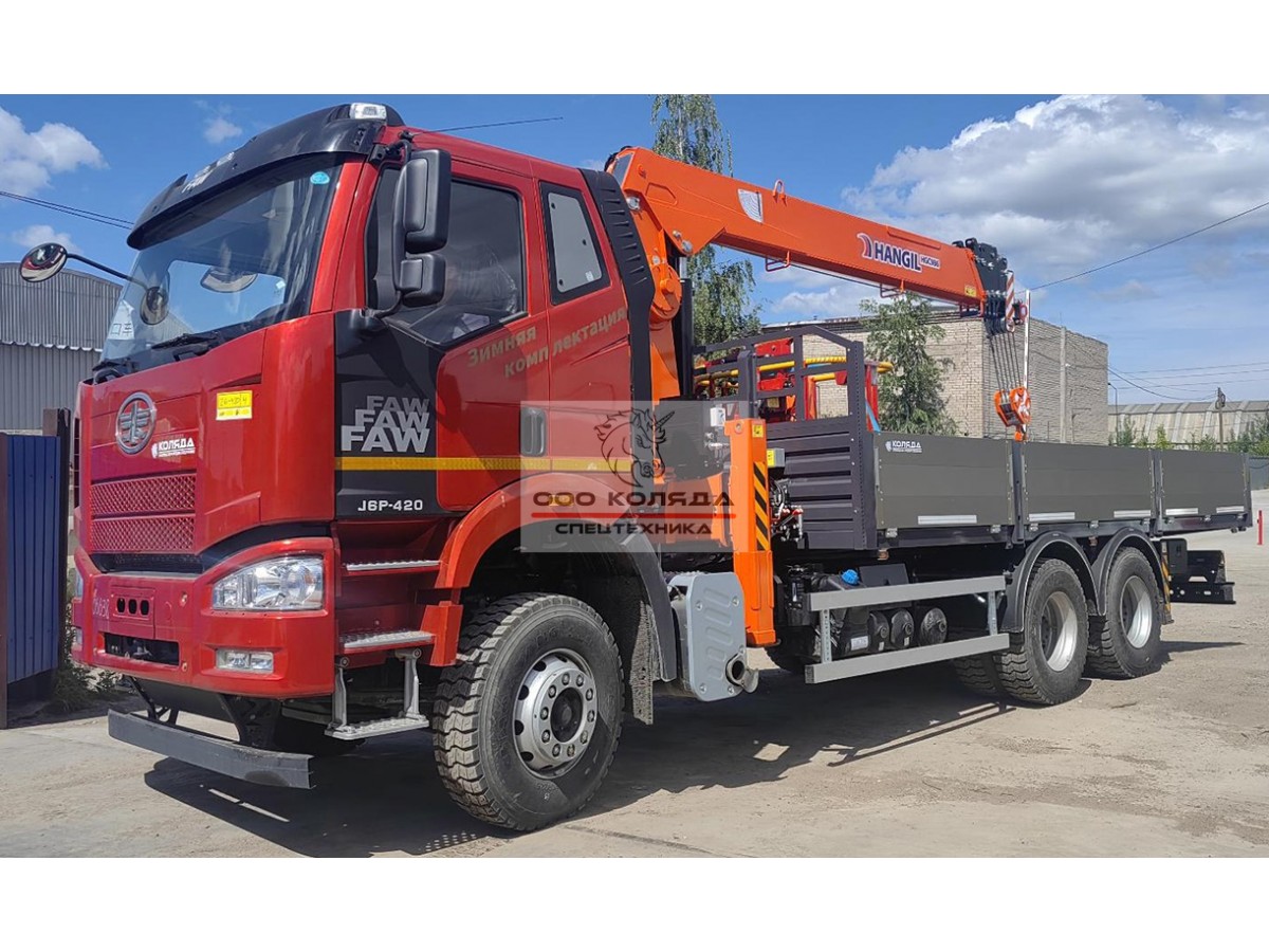Бортовой автомобиль FAW 3250 с КМУ HANGIL 986 с пультом ДУ и корзиной для подъема людей на высоту